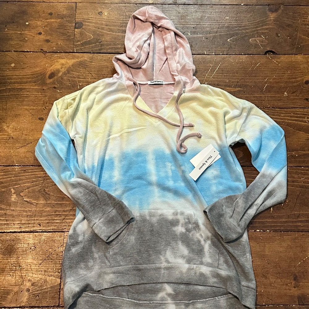 NWT THEO AND SPENCE Rainbow Stripe Tie-dye V-neck Lounge Hoodie in Rainbow